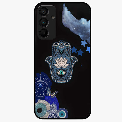 Mystic Hand Aura Glass Case showing flat back view with mystical hand symbol artwork and glossy glass finish.