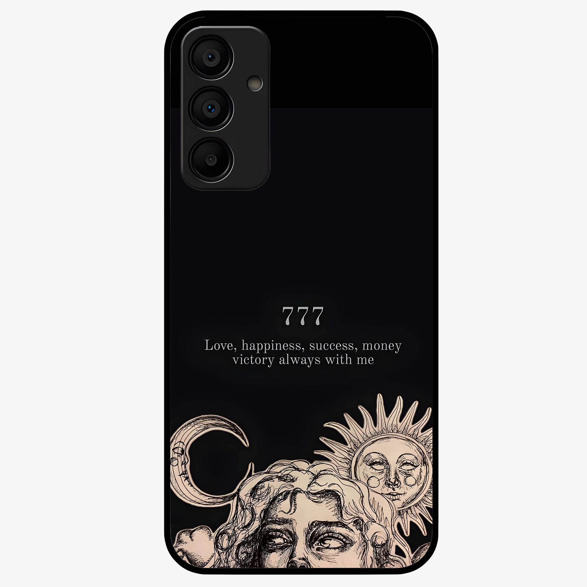 Mystic Victory Aura Glass Case showing flat back view with victory symbol artwork and glossy glass finish.