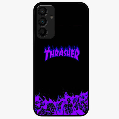 Neon Flame Riot Glass Case showing flat back view with neon flame artwork and glossy glass finish.