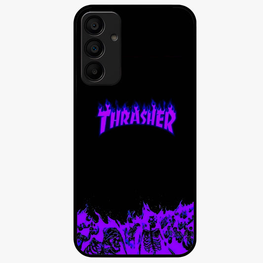 Neon Flame Riot Glass Case showing flat back view with neon flame artwork and glossy glass finish.