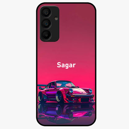 Neon Pink Porsche Glass Case showing flat back view with stylish sports car artwork and glossy glass finish.