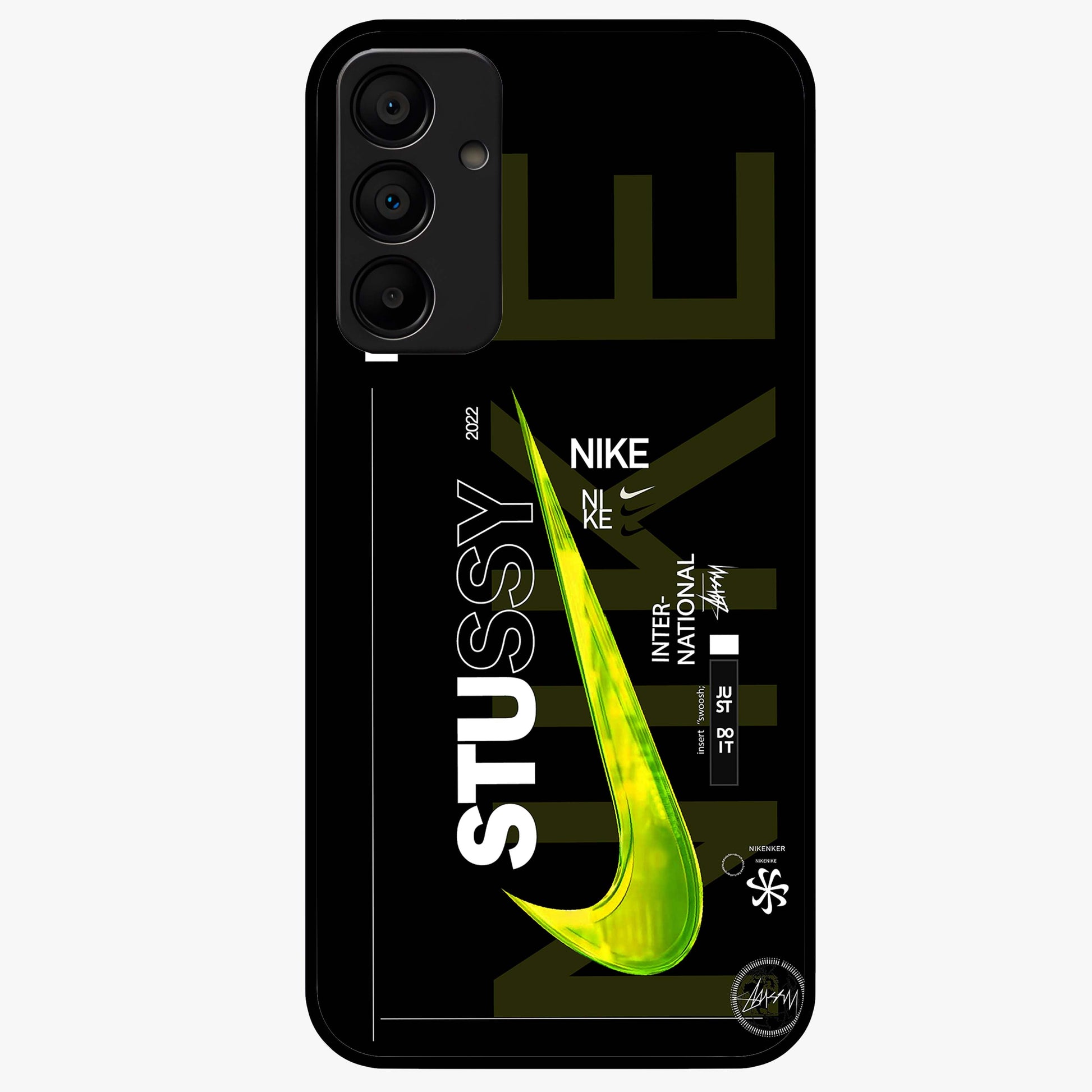 Neon Street Edition Glass Case showing flat back view with neon street style artwork and glossy glass finish.
