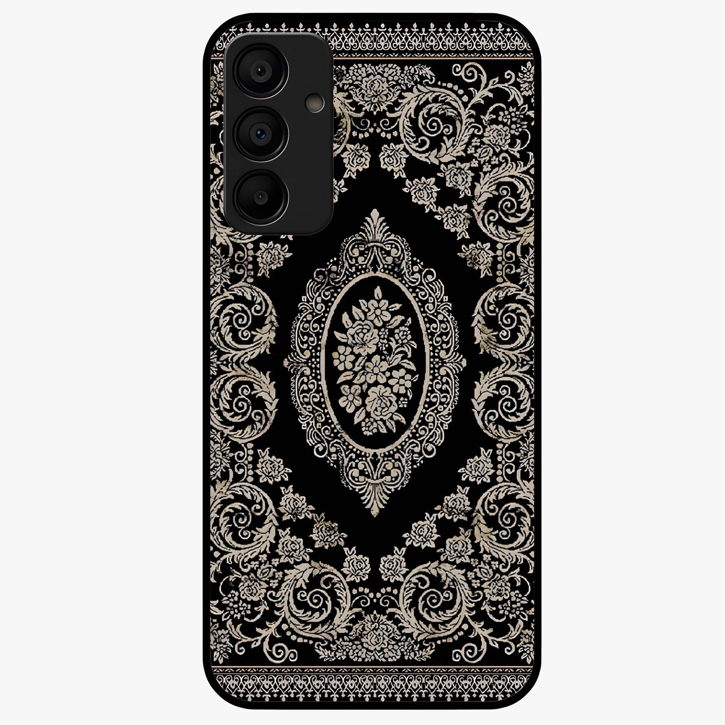 Noir Bloom Elegance Glass Case showing flat back view with elegant dark floral artwork and glossy glass finish.