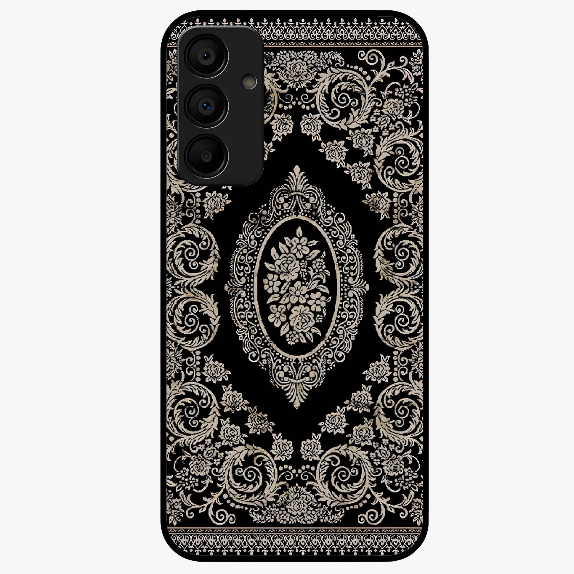 Noir Bloom Elegance Glass Case showing flat back view with elegant dark floral artwork and glossy glass finish.
