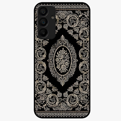 Noir Bloom Elegance Glass Case showing flat back view with elegant dark floral artwork and glossy glass finish.