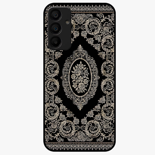 Noir Bloom Elegance Glass Case showing flat back view with elegant dark floral artwork and glossy glass finish.