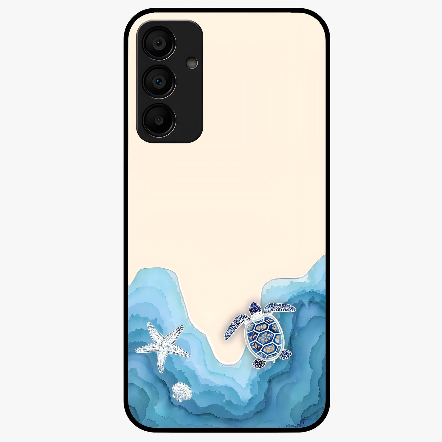Ocean Drift Turtle Glass Case showing flat back view with sea turtle artwork and glossy glass finish.