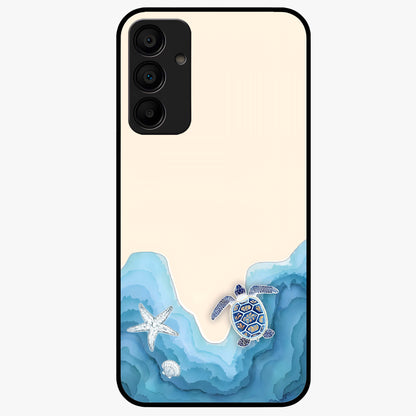 Ocean Drift Turtle Glass Case showing flat back view with sea turtle artwork and glossy glass finish.