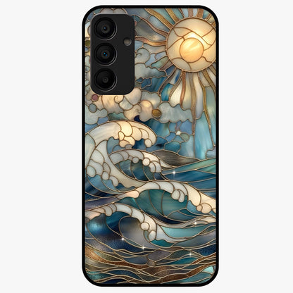 Oceanic Stained Printed Glass Case showing flat back view with ocean inspired stained pattern artwork and glossy glass finish.