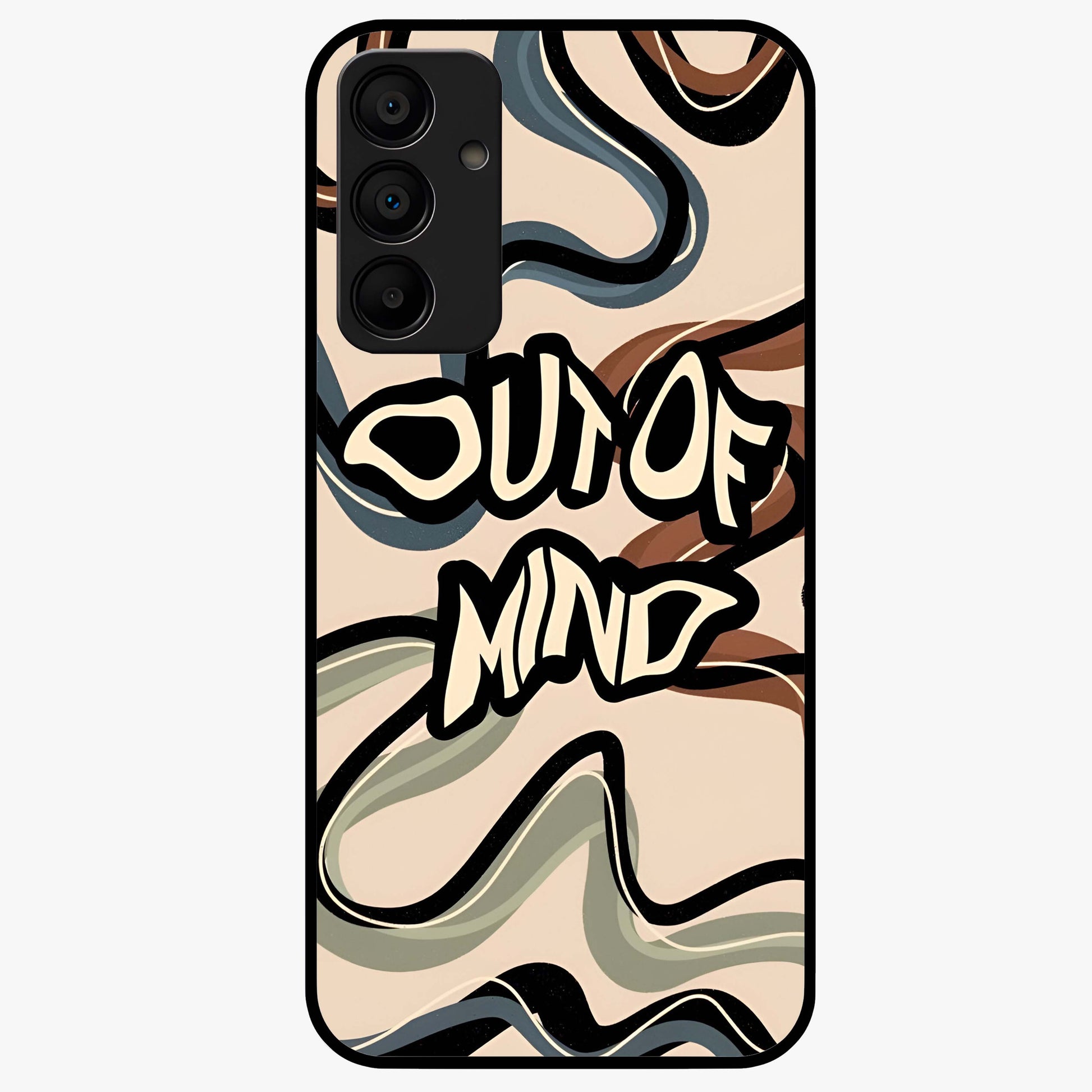 Out Of Mind Glass Case showing flat back view with expressive typography artwork and glossy glass finish.