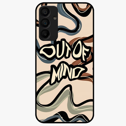 Out Of Mind Glass Case showing flat back view with expressive typography artwork and glossy glass finish.