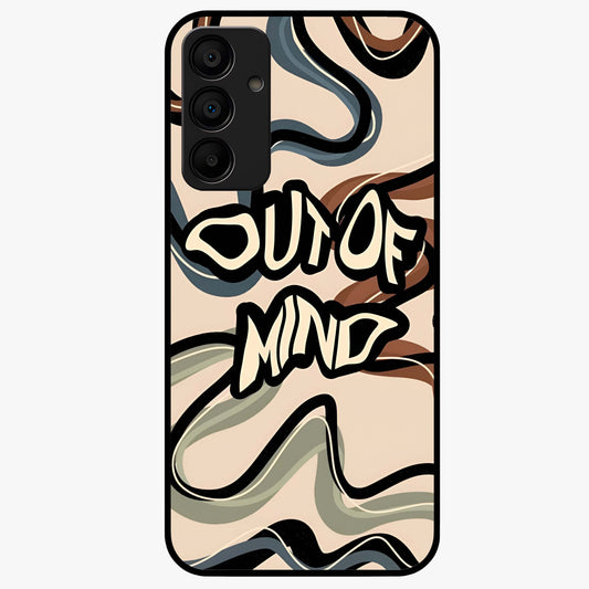 Out Of Mind Glass Case showing flat back view with expressive typography artwork and glossy glass finish.