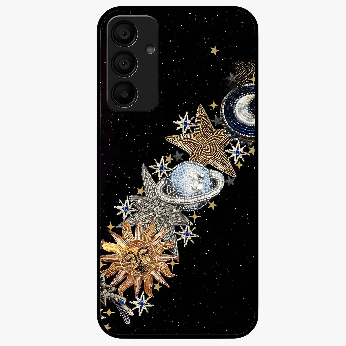 Pearls Universe Object Glass Case showing flat back view with pearl inspired cosmic artwork and glossy glass finish.