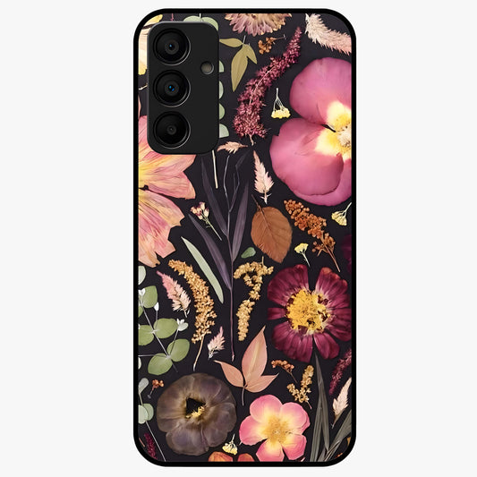 Petal Dream Tapestry Glass Case showing flat back view with intricate floral tapestry artwork and glossy glass finish.