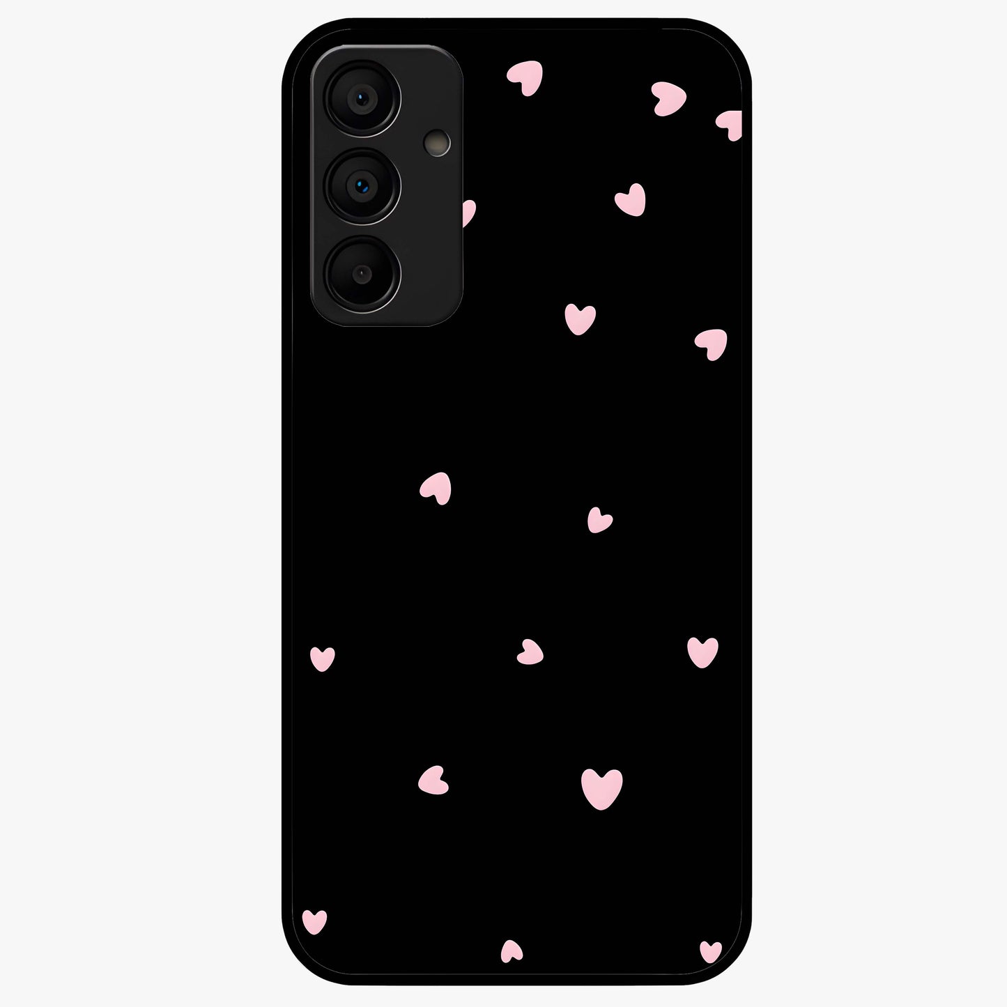 Pink Love Drops Glass Case showing flat back view with playful pink heart drops artwork and glossy glass finish.