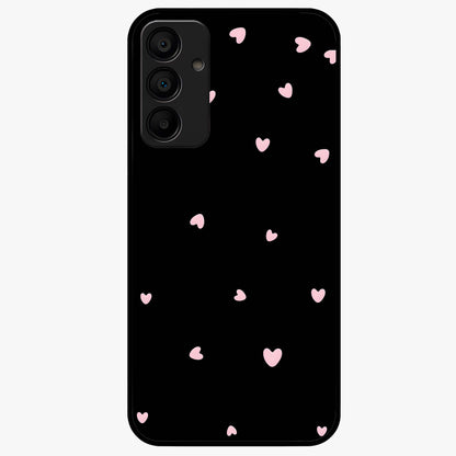 Pink Love Drops Glass Case showing flat back view with playful pink heart drops artwork and glossy glass finish.
