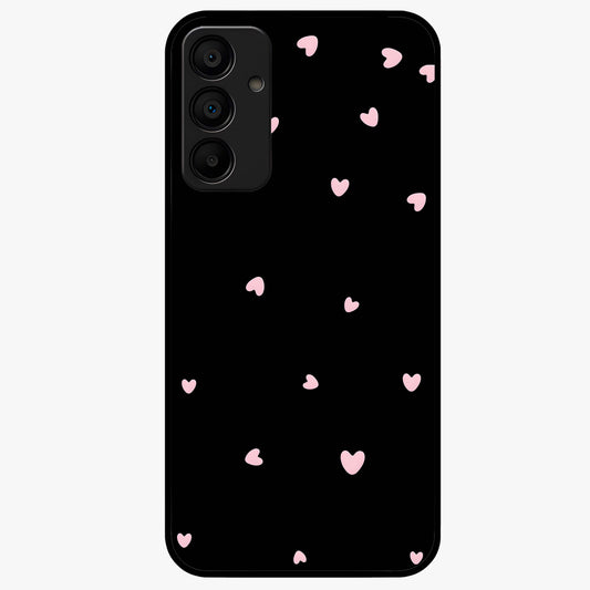 Pink Love Drops Glass Case showing flat back view with playful pink heart drops artwork and glossy glass finish.