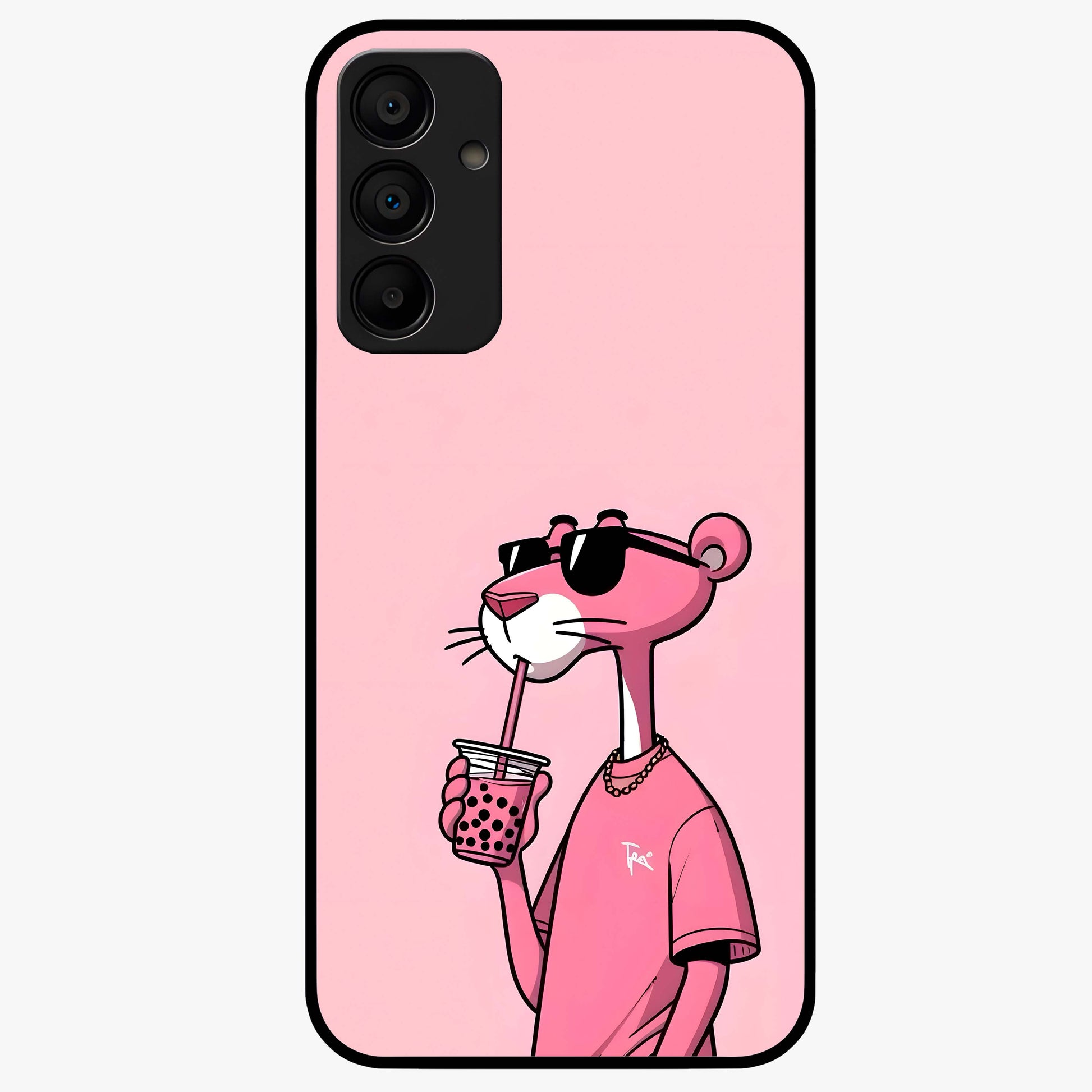 Pink Panther Glass Case showing flat back view with iconic pink panther artwork and glossy glass finish.
