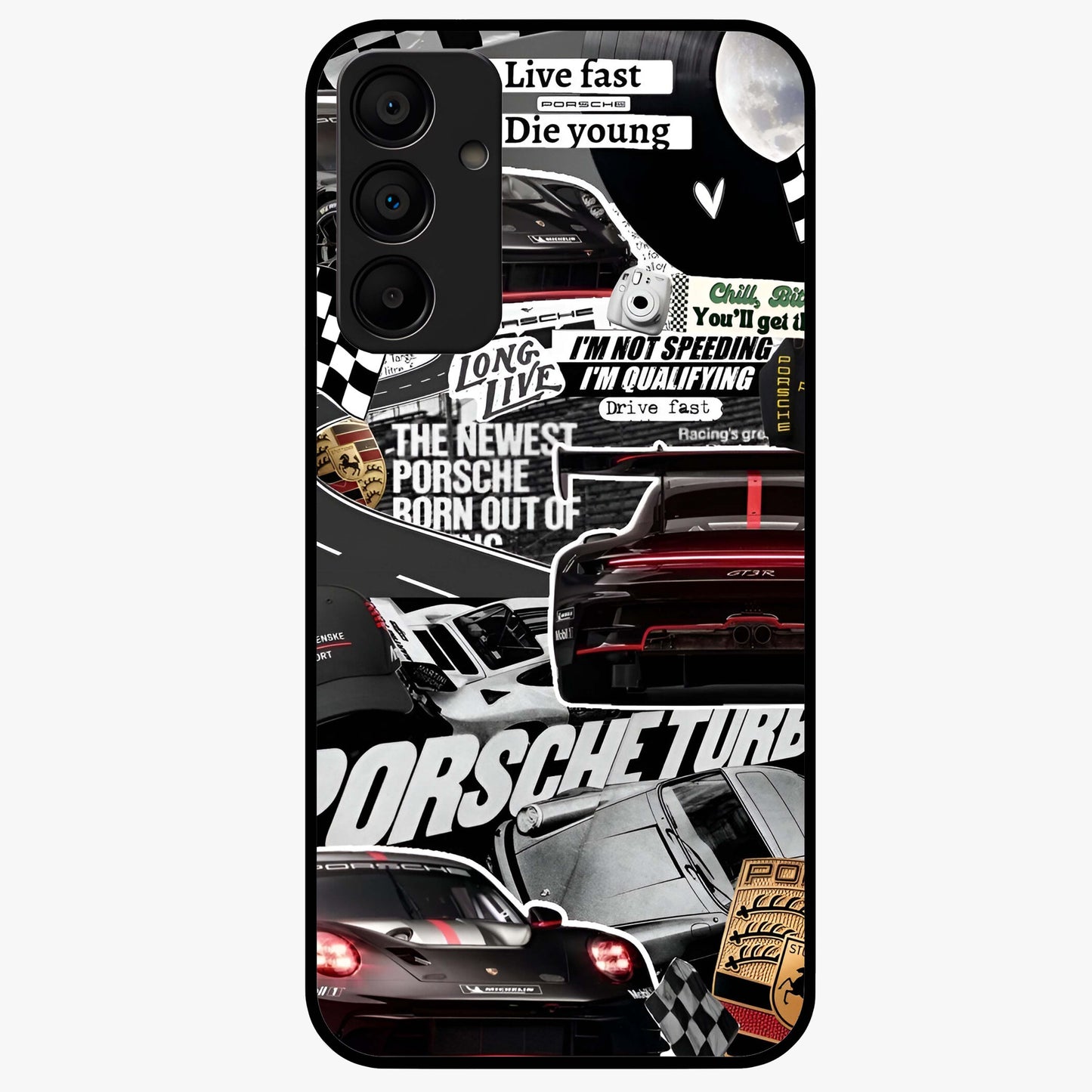 Porsche Racing Collage Glass Case showing flat back view with sports car racing collage artwork and glossy glass finish.