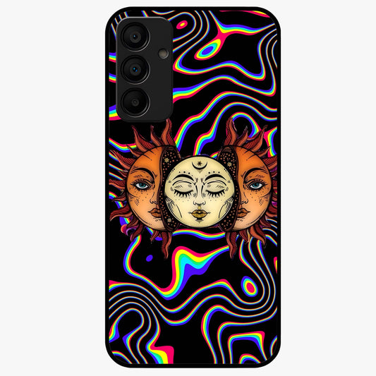Psychedelic Sun Glass Case showing flat back view with colorful psychedelic sun artwork and glossy glass finish.