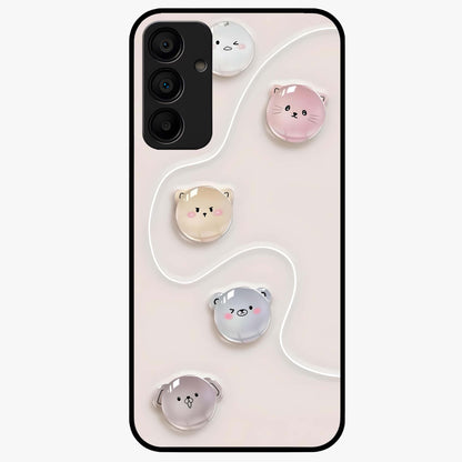 Puffy Face Parade Glass Case showing flat back view with cute puffy character faces artwork and glossy glass finish.