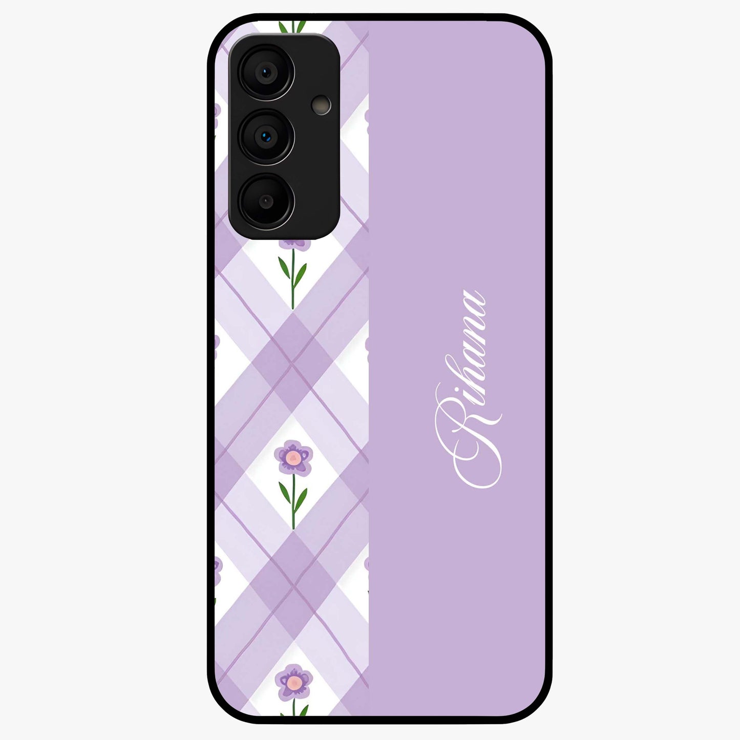 Purple Diamond Floral Glass Case showing flat back view with diamond shaped floral artwork and glossy glass finish.
