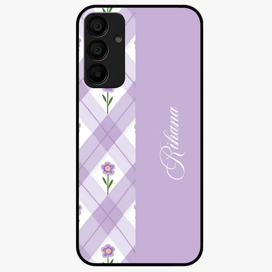 Purple Diamond Floral Glass Case showing flat back view with diamond shaped floral artwork and glossy glass finish.