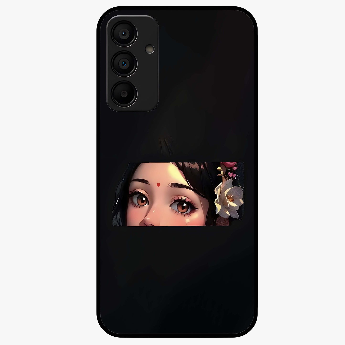 Radha Divine Embrace Glass Case showing flat back view with devotional Radha artwork and glossy glass finish.