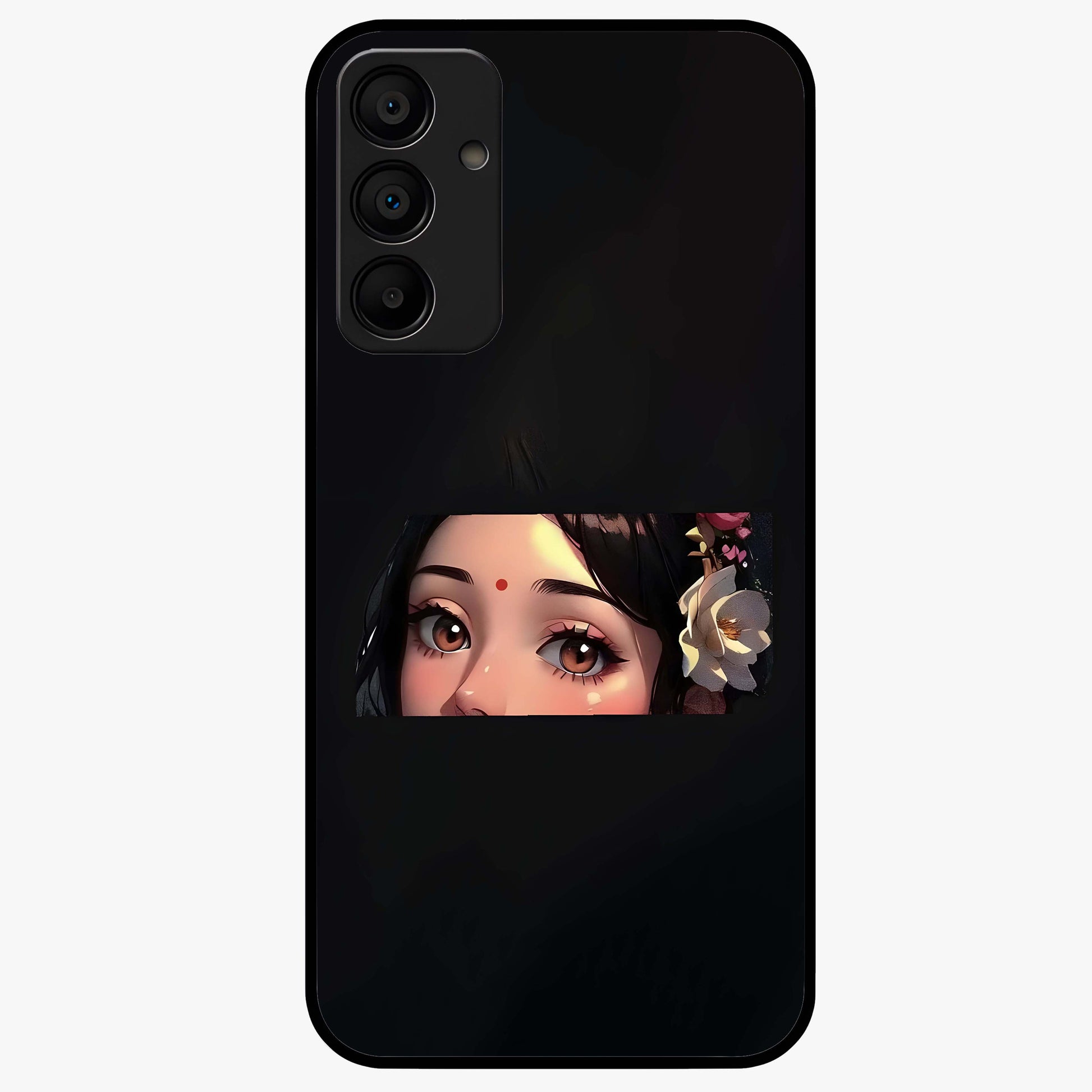 Radha Divine Embrace Glass Case showing flat back view with devotional Radha artwork and glossy glass finish.