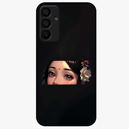Radha Divine Embrace Glass Case showing flat back view with devotional Radha artwork and glossy glass finish.