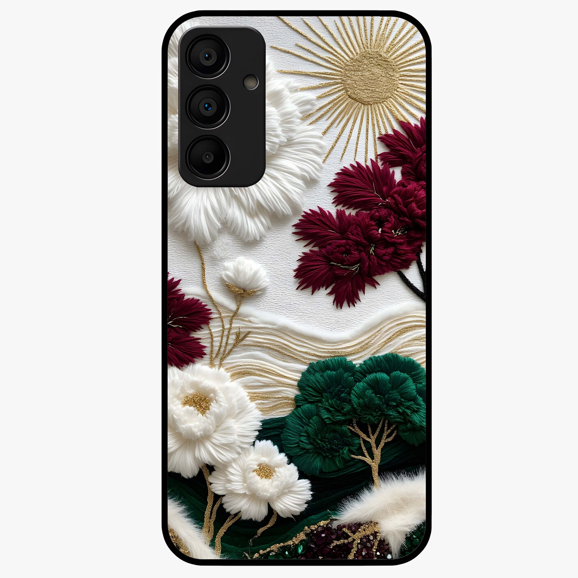 Radiant Bloom Elegance Glass Case showing flat back view with elegant blooming flower artwork and glossy glass finish.