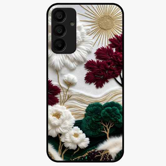 Radiant Bloom Elegance Glass Case showing flat back view with elegant blooming flower artwork and glossy glass finish.