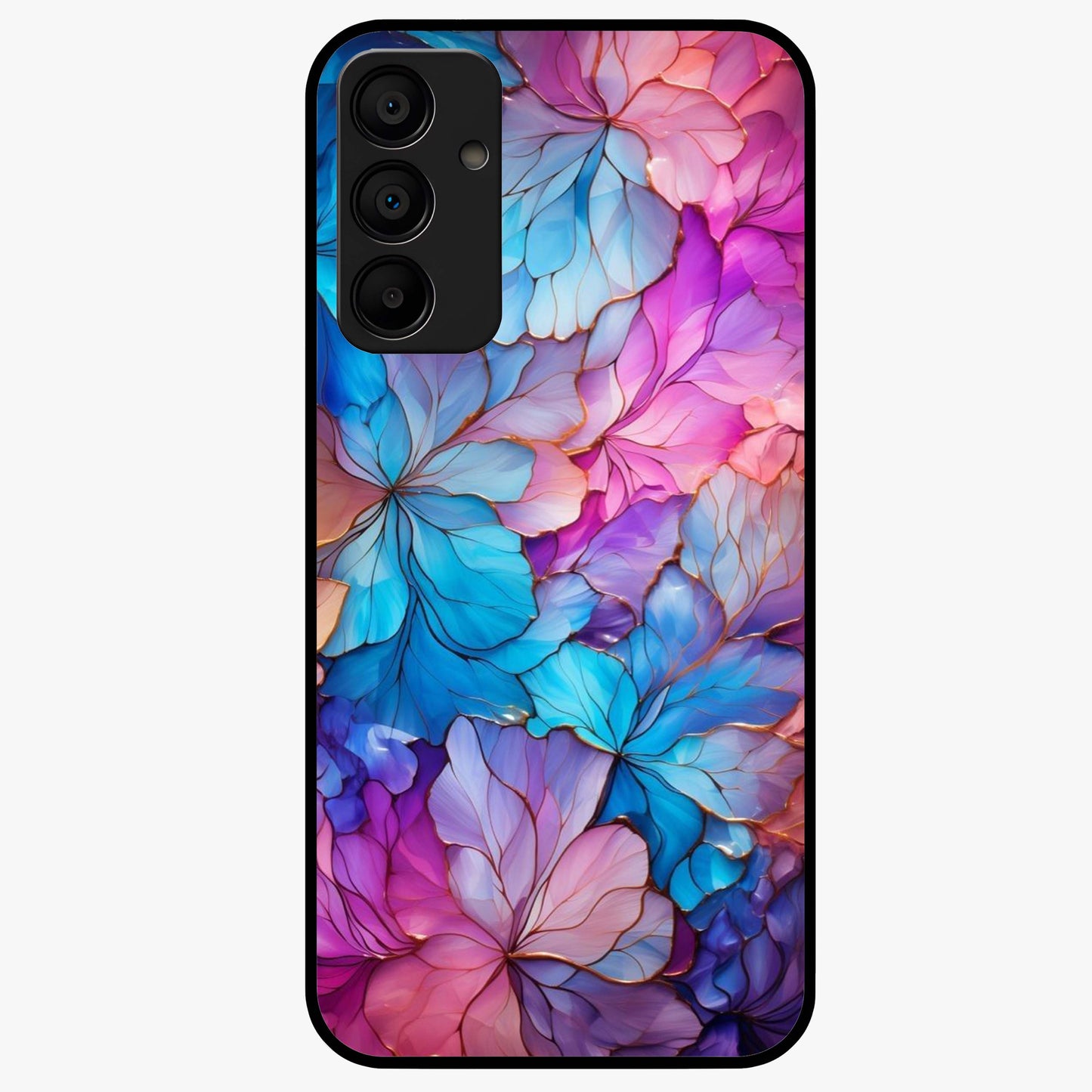 Radiant Floral Whirl Glass Case showing flat back view with swirling floral artwork and glossy glass finish.