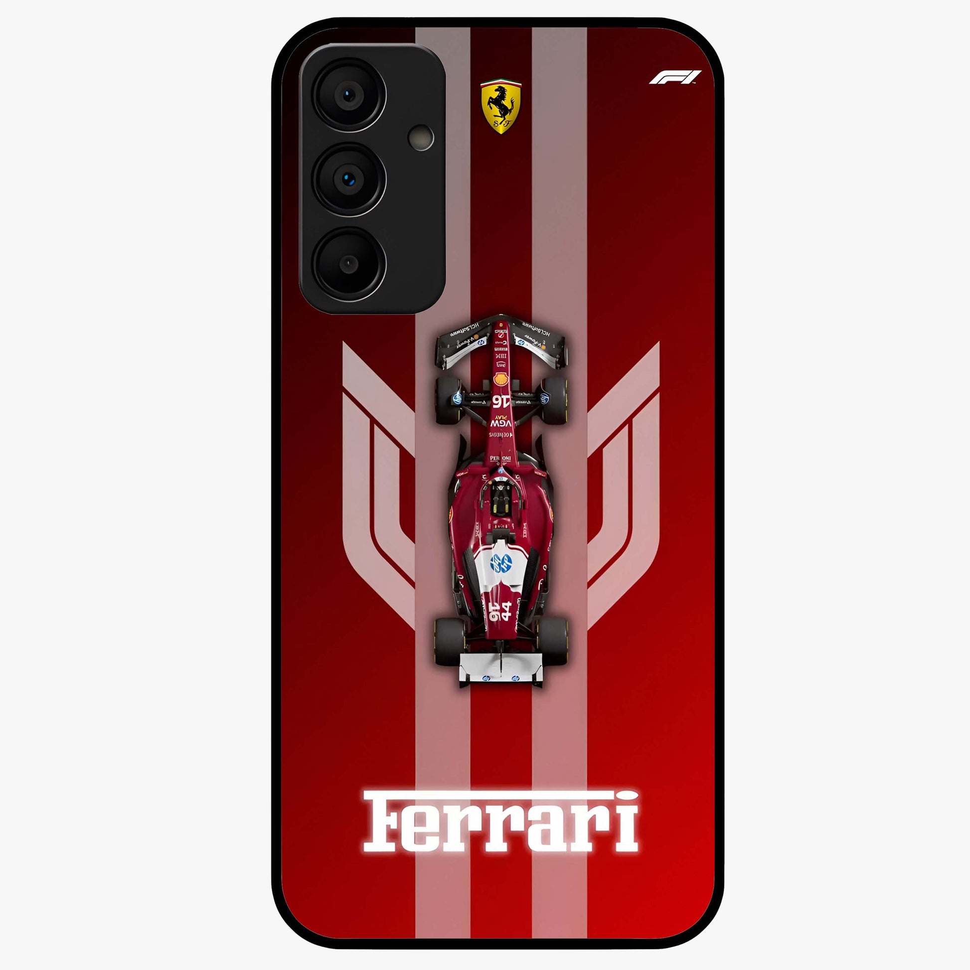 Red Ferrari F1 Vertical Glass Case showing flat back view with sleek Formula racing car artwork and glossy glass finish.