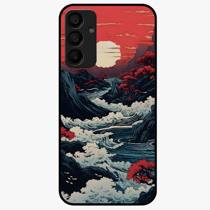 Red Sunset Scenery Glass Case showing flat back view with vibrant sunset landscape artwork and glossy glass finish.