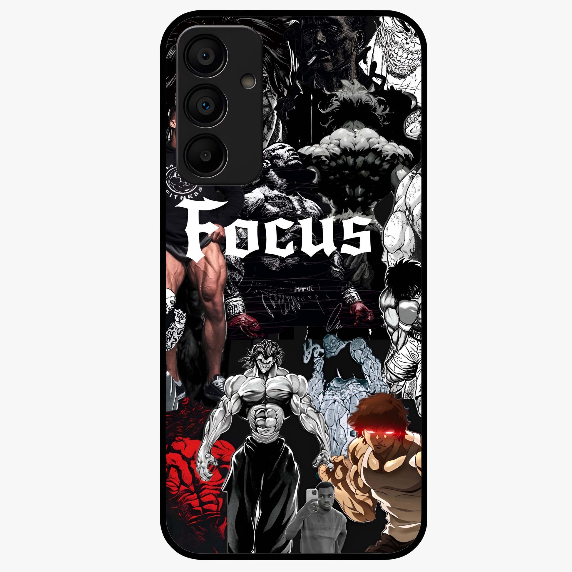 Relentless Power Focus Glass Case showing flat back view with motivational typography artwork and glossy glass finish.