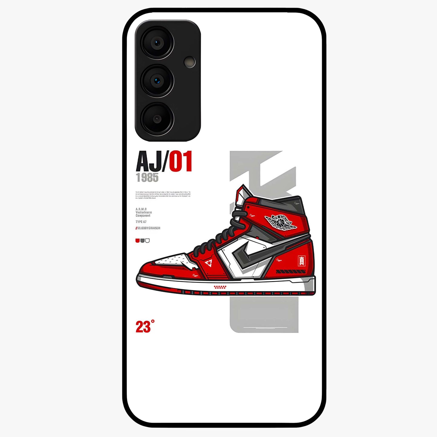 Retro Sneaker Blueprint Glass Case showing flat back view with sneaker blueprint style artwork and glossy glass finish.