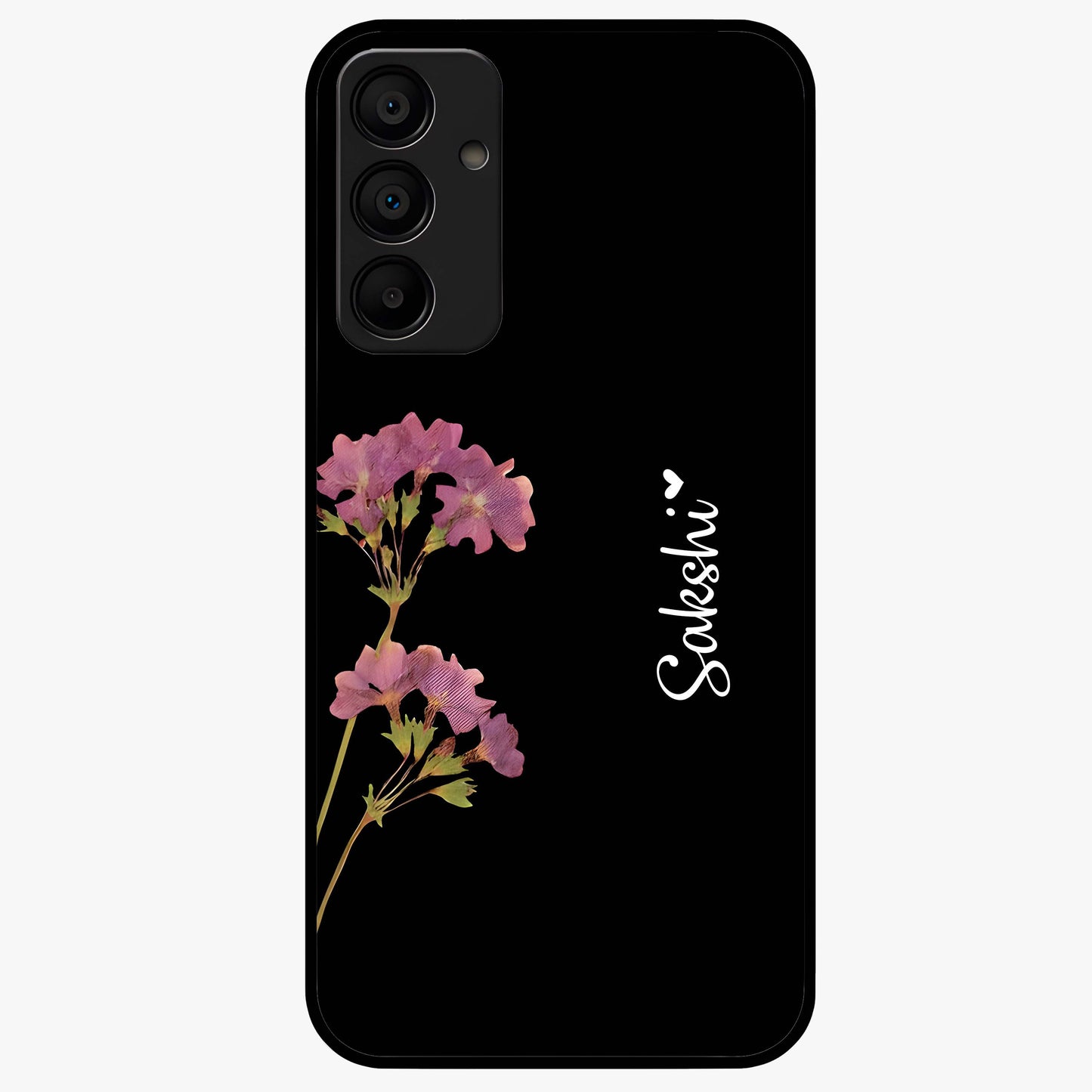 Riching Lavender Flower Custom Name Glass Case showing flat back view with lavender floral artwork and personalized name design.