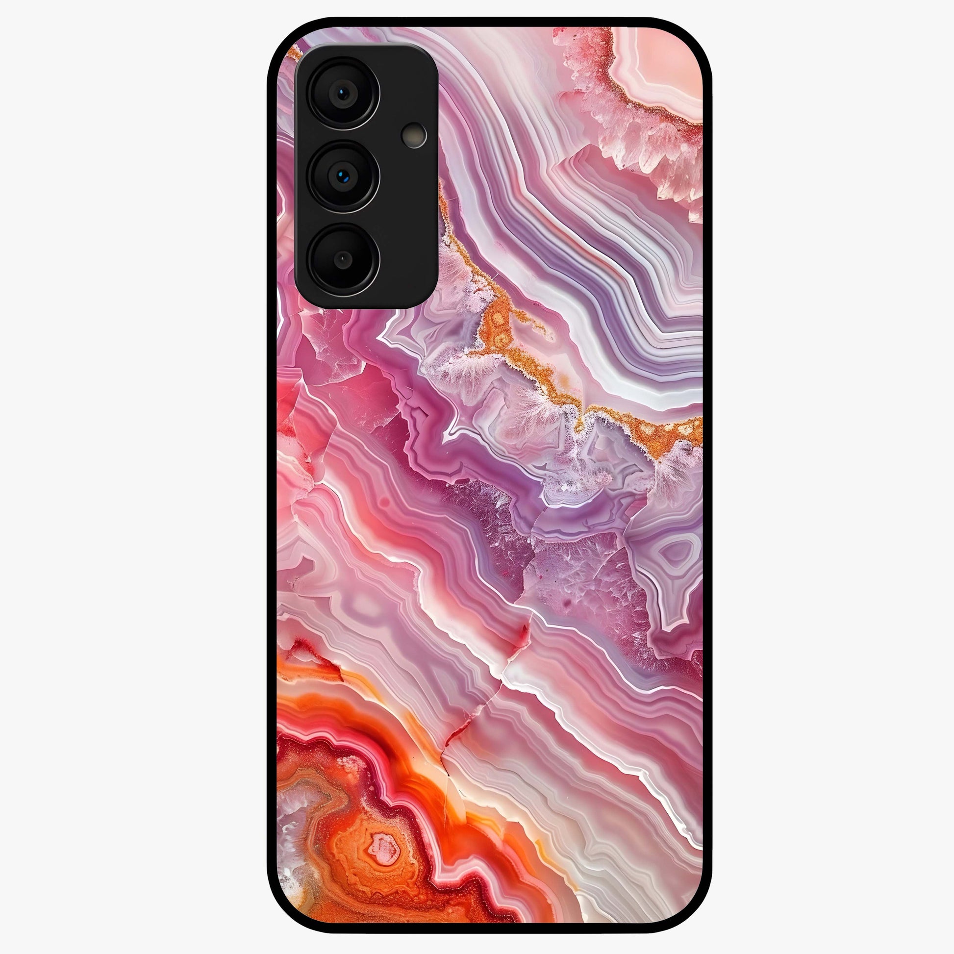 Rose Quartz Marble Glass Case showing flat back view with pink marble quartz texture artwork and glossy glass finish.