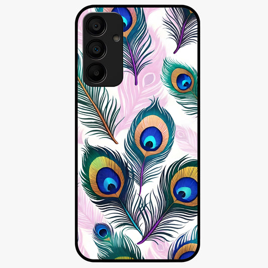 Royal Peacock Feathers Glass Case showing flat back view with colorful peacock feather artwork and glossy glass finish.