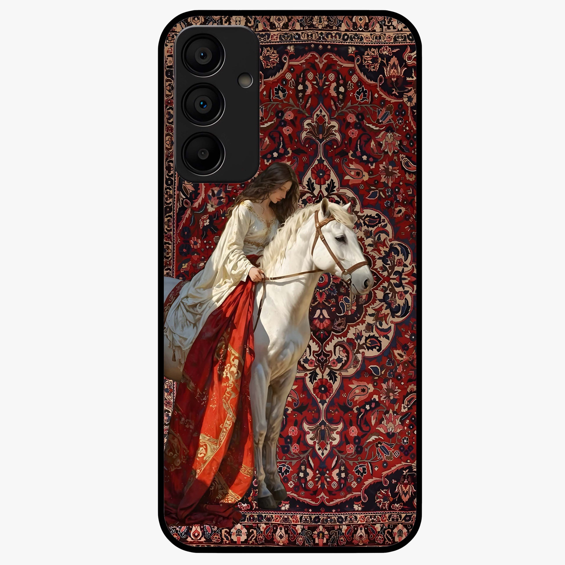 Royal Rider Tapestry Glass Case showing flat back view with majestic horse rider tapestry artwork and glossy glass finish.