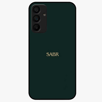 Sabr Minimal Patience Glass Case showing flat back view with minimalist typography artwork and glossy glass finish.