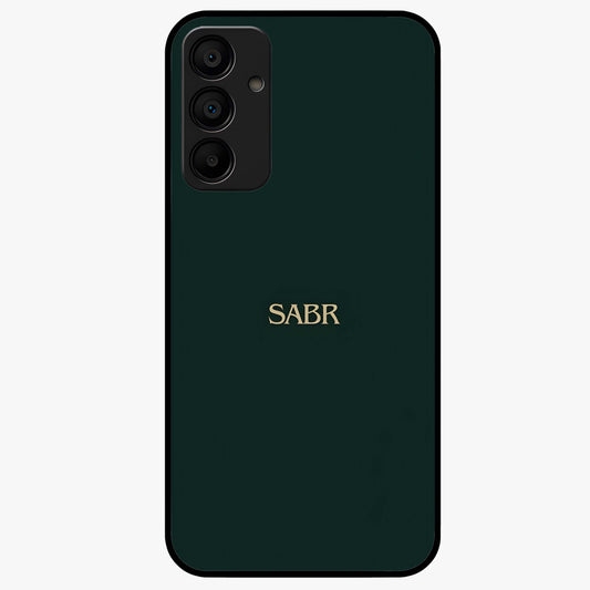 Sabr Minimal Patience Glass Case showing flat back view with minimalist typography artwork and glossy glass finish.