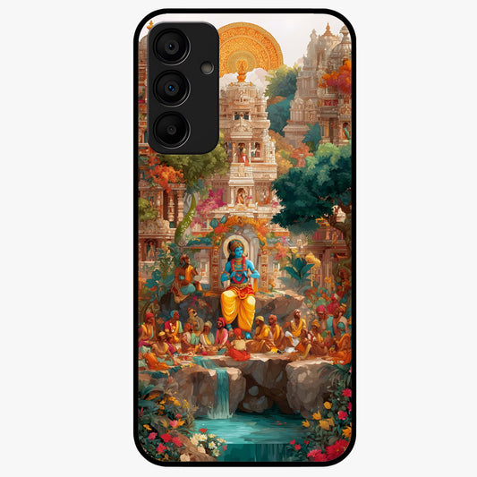 Sacred Sunlight Gods Glass Case showing flat back view with divine sunlight themed artwork and glossy glass finish.