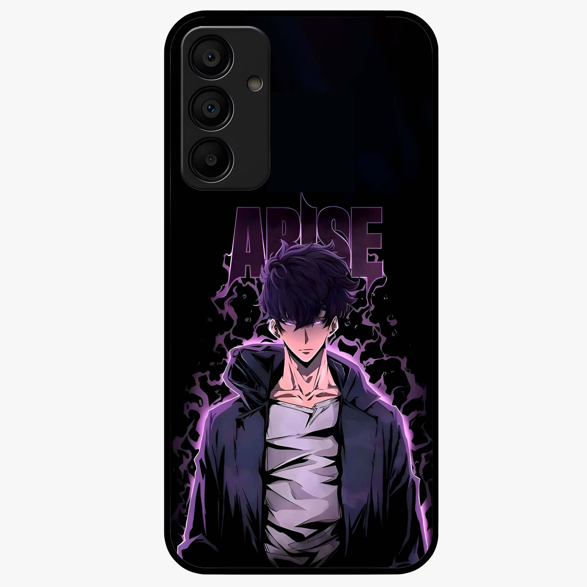 Shadow Monarch Awakening Glass Case showing flat back view with powerful dark monarch themed artwork and glossy glass finish.