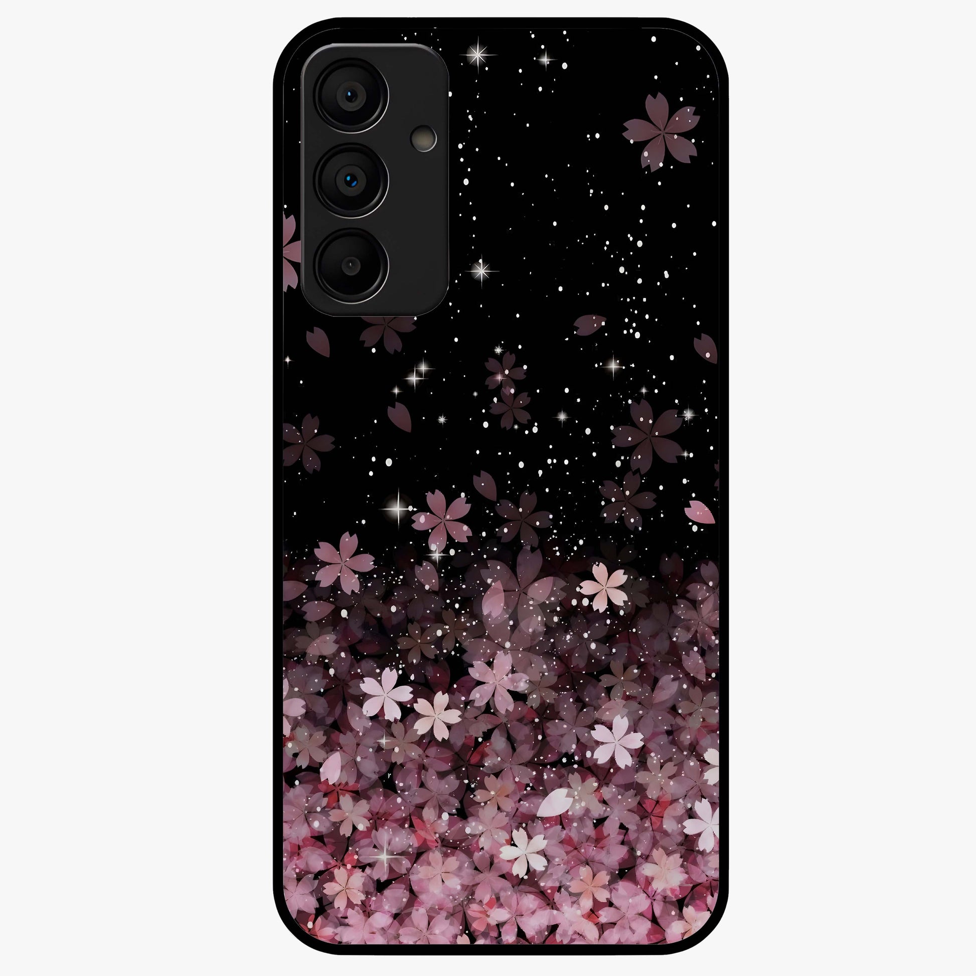 Small Starry Flowers Glass Case showing flat back view with delicate starry floral artwork and glossy glass finish.