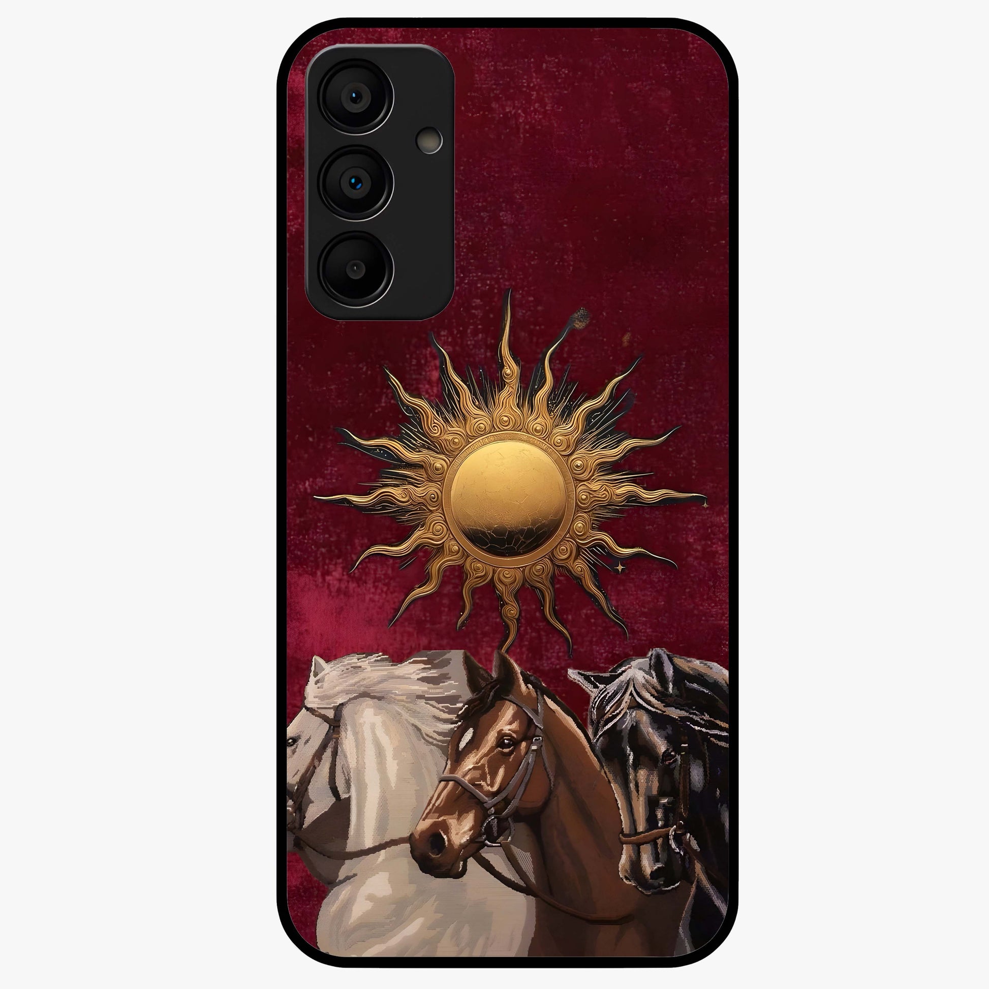 Solar Riders Glass Case showing flat back view with dynamic rider themed artwork and glossy glass finish.