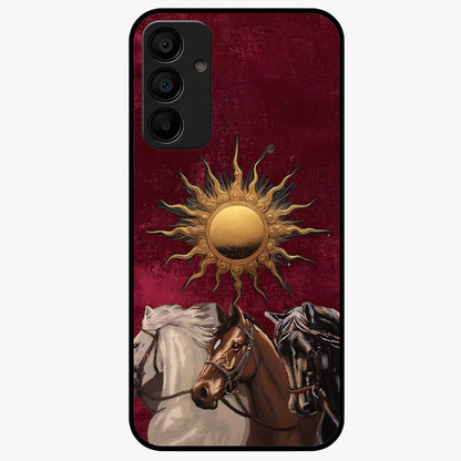 Solar Riders Glass Case showing flat back view with dynamic rider themed artwork and glossy glass finish.