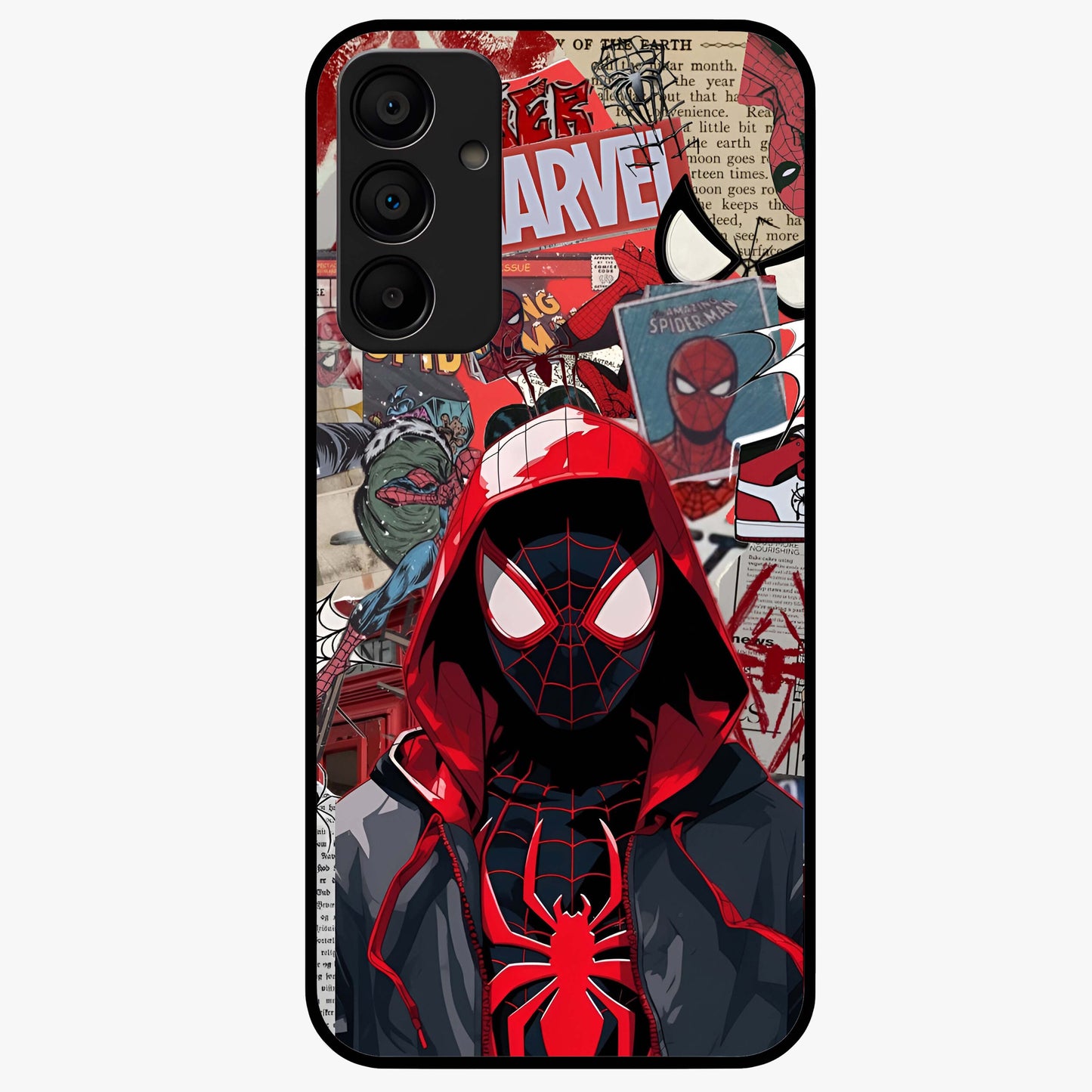 Spider Collage Street Glass Case showing flat back view with vibrant superhero collage artwork and glossy glass finish.