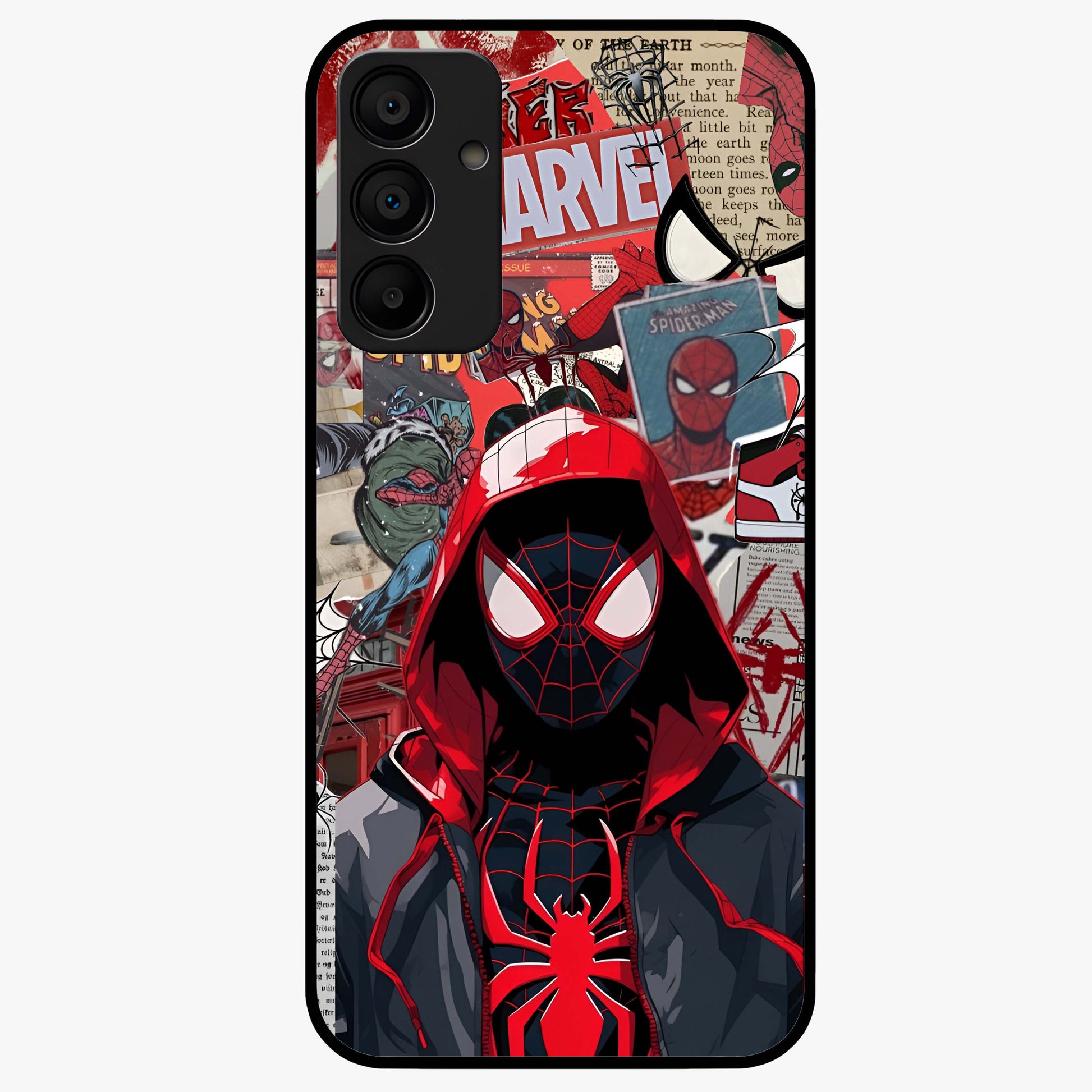 Spider Collage Street Glass Case showing flat back view with vibrant superhero collage artwork and glossy glass finish.